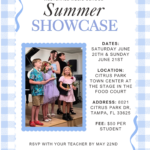 A flyer for the Westchase Music School Summer Showcase shows four children on stage holding instruments and microphones. Event details, date, location, and info about music lessons in Citrus Park are listed on a blue and white gingham background.