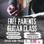 A flyer for Citrus Park Music School advertising a free adults-only parents guitar class every Wednesday from 7:15–8:15 PM. Includes contact info, location, an image of a person playing guitar, and highlights music lessons in Citrus Park.