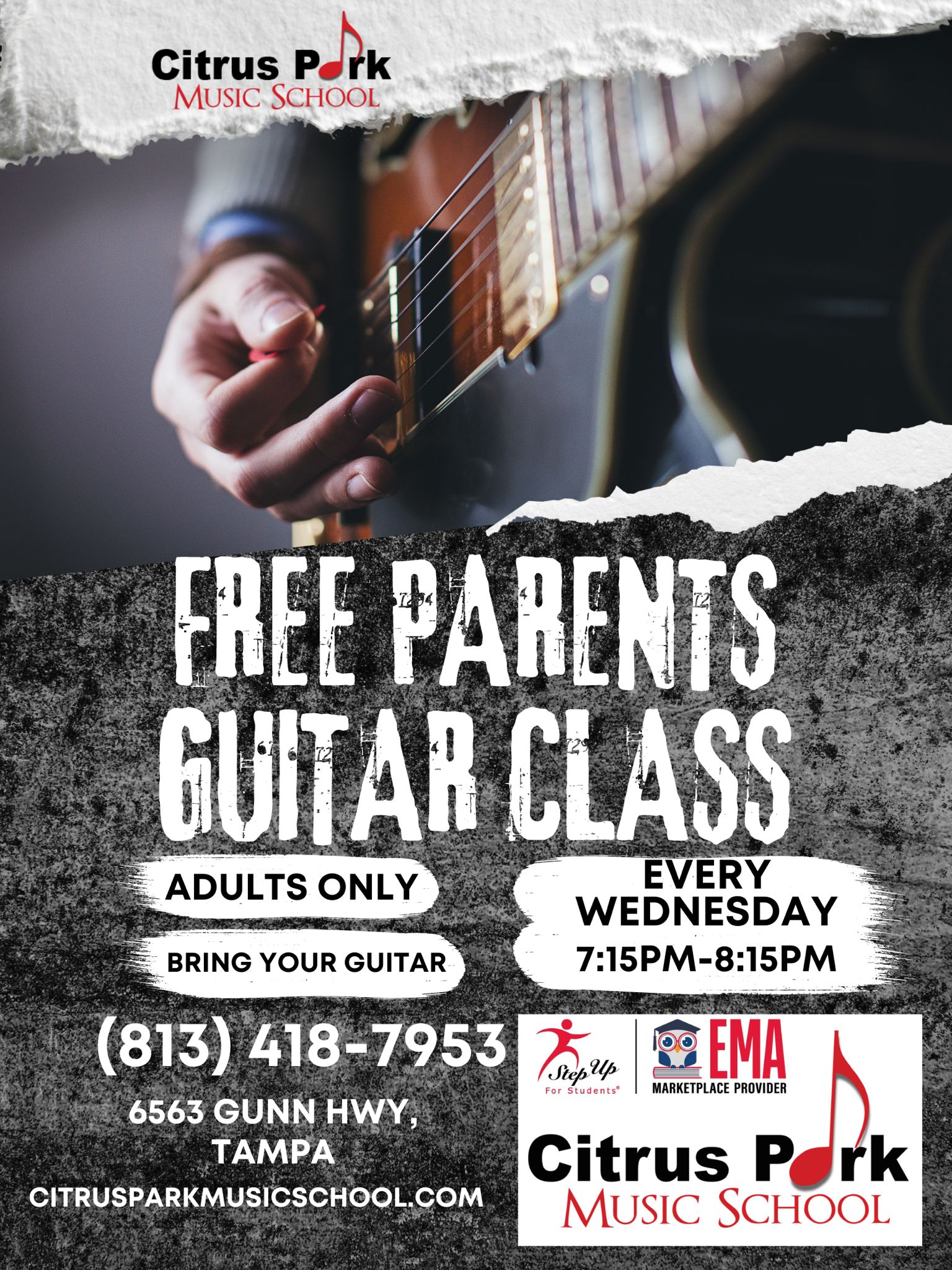 A flyer for Citrus Park Music School advertising a free adults-only parents guitar class every Wednesday from 7:15–8:15 PM. Includes contact info, location, an image of a person playing guitar, and highlights music lessons in Citrus Park.