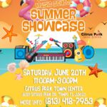Colorful poster for Citrus Park Music School’s Summer Showcase, featuring musical instruments, beach elements, and event details for June 20th, 11am–3pm at Citrus Park Town Center, Tampa, FL. Discover music lessons Citrus Park! Contact info included.