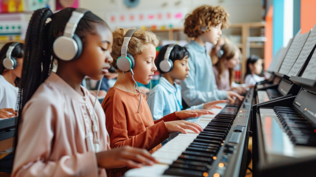 Diverse group of focused children wearing headphones and practicing piano in a bright music classroom.